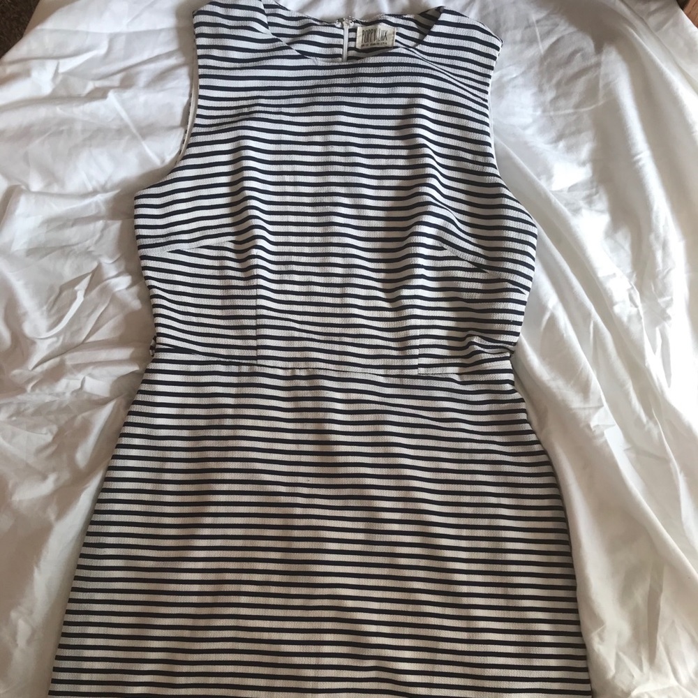 Navy and white striped A-line dress